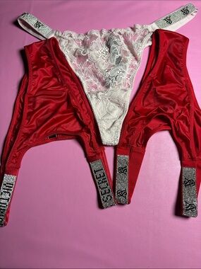 Victoria's Secret Red Satin & White Lace Thong Set with Rhinestone Straps